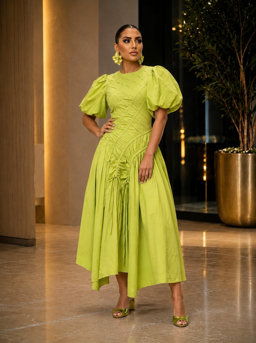 Vestido Midi Grace Franzido – Amarelo Limão