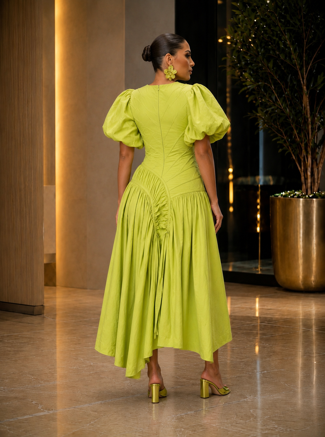 Vestido Midi Grace Franzido – Amarelo Limão